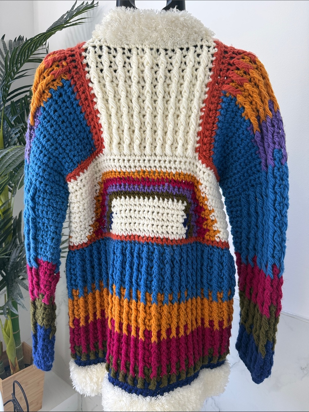 70s -80s Rainbow Boho Riddles by Elliot Acrylic Crochet Open Sweater Jacket Sz M - Picture 3 of 5
